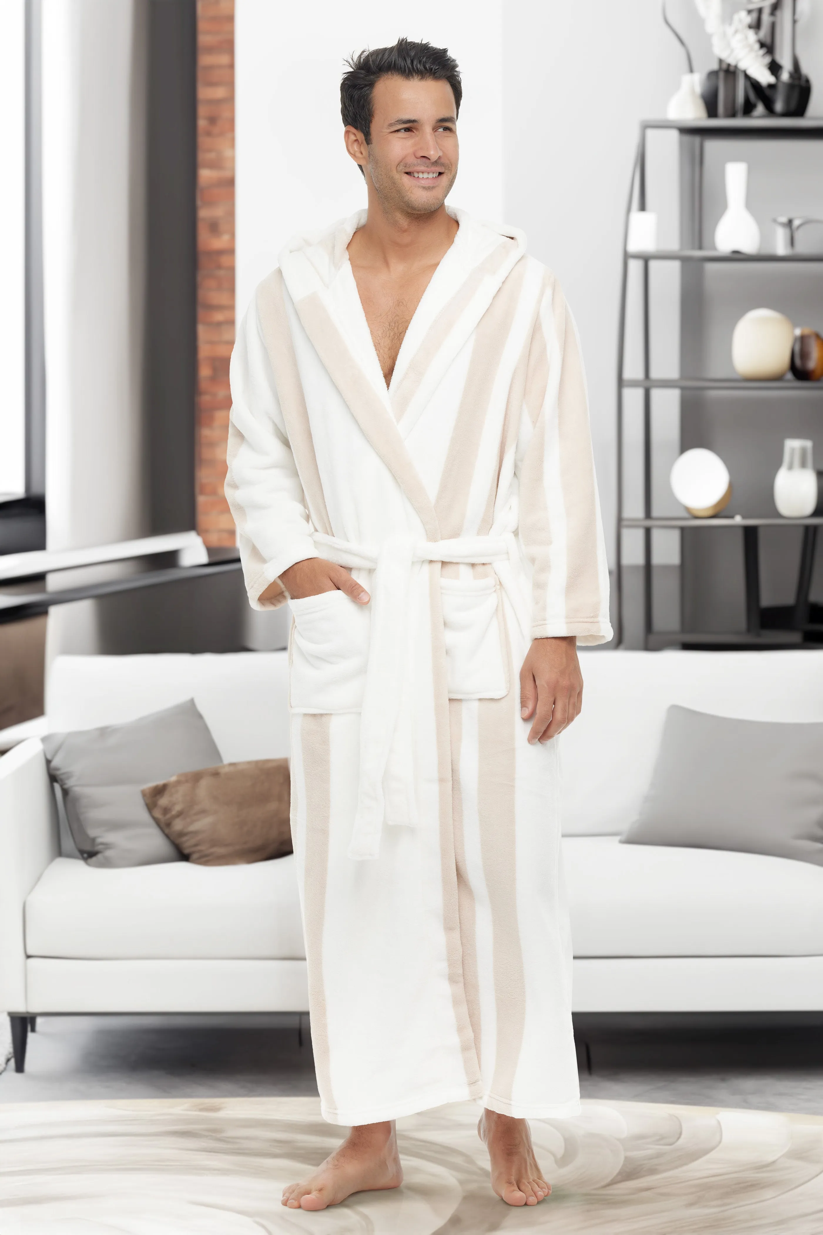 Men's Plush Fleece Hooded Bathrobe, Full Length Long Warm Lounge Robe with Hood Sport Stripe XL (A0125W95XL)