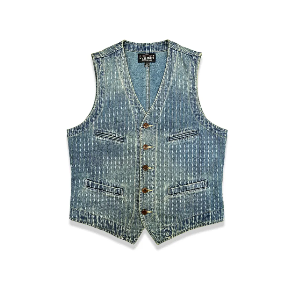 Men's Washed Blue Striped Denim Vest