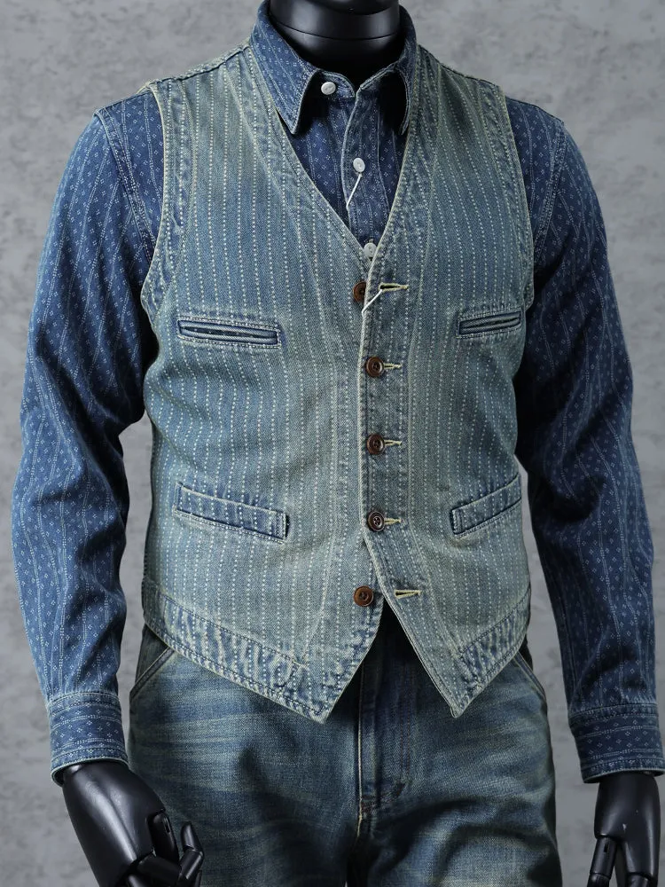 Men's Washed Blue Striped Denim Vest