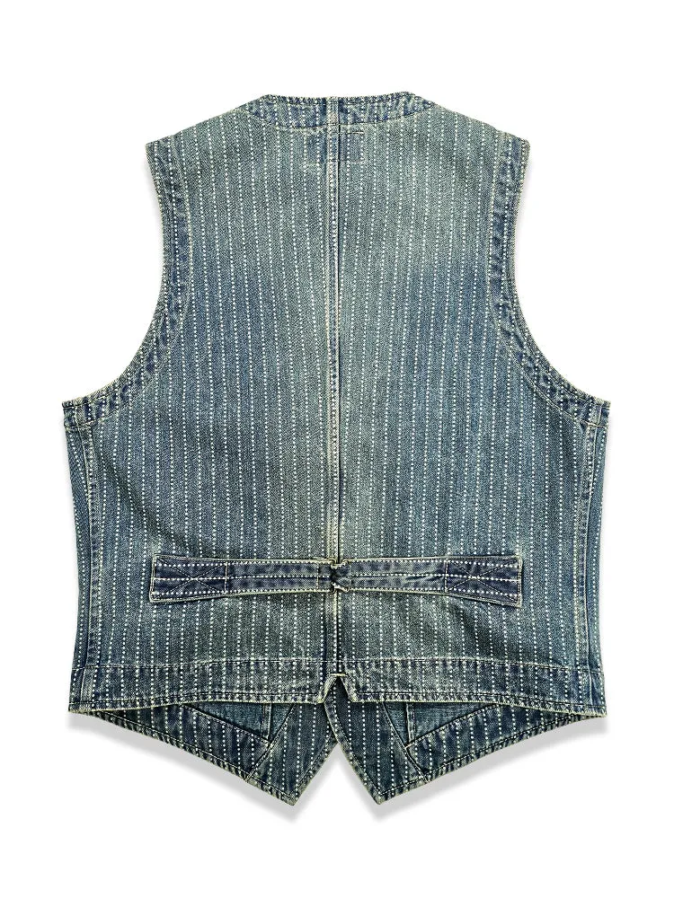 Men's Washed Blue Striped Denim Vest