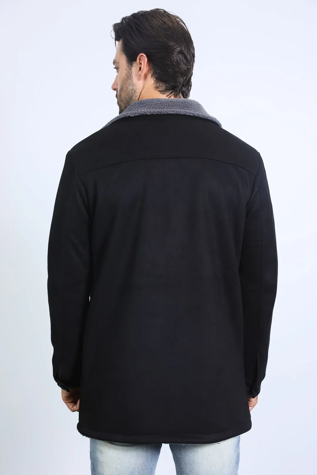 Mens Western-Style Long Faux Suede Black Coat