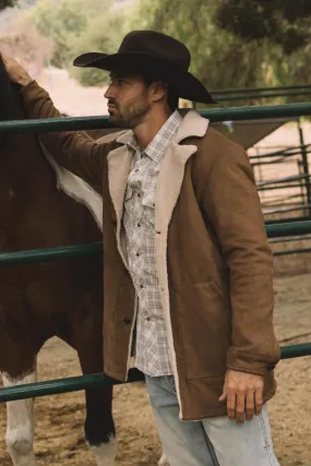 Mens Western-Style Long Faux Suede Brown Coat