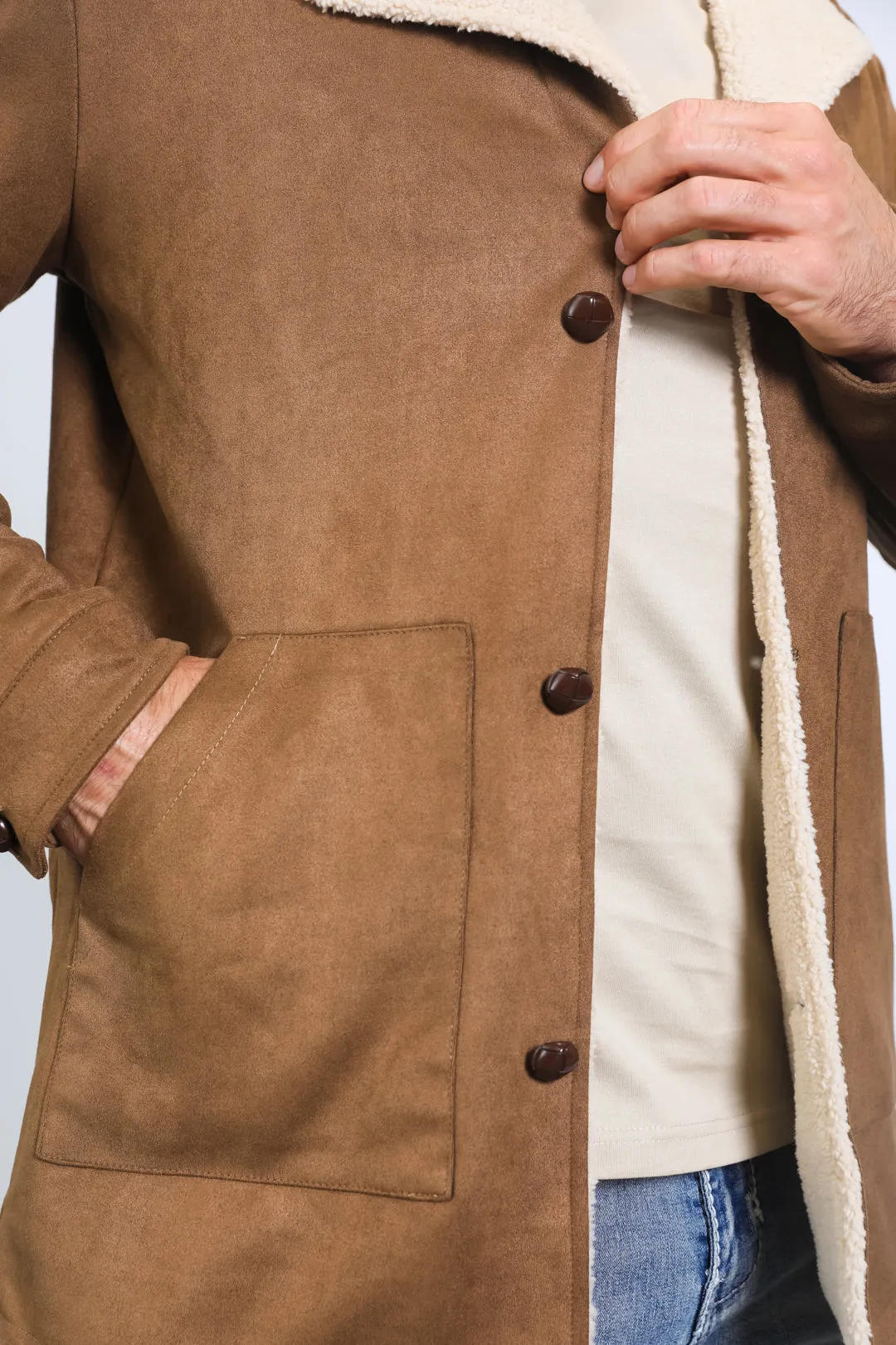 Mens Western-Style Long Faux Suede Brown Coat