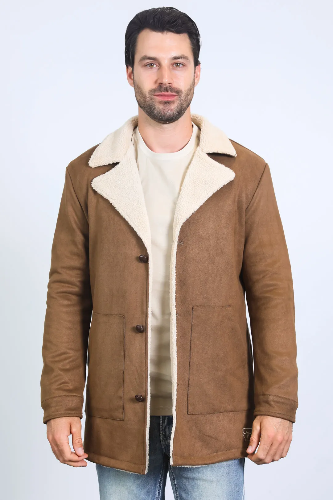 Mens Western-Style Long Faux Suede Brown Coat