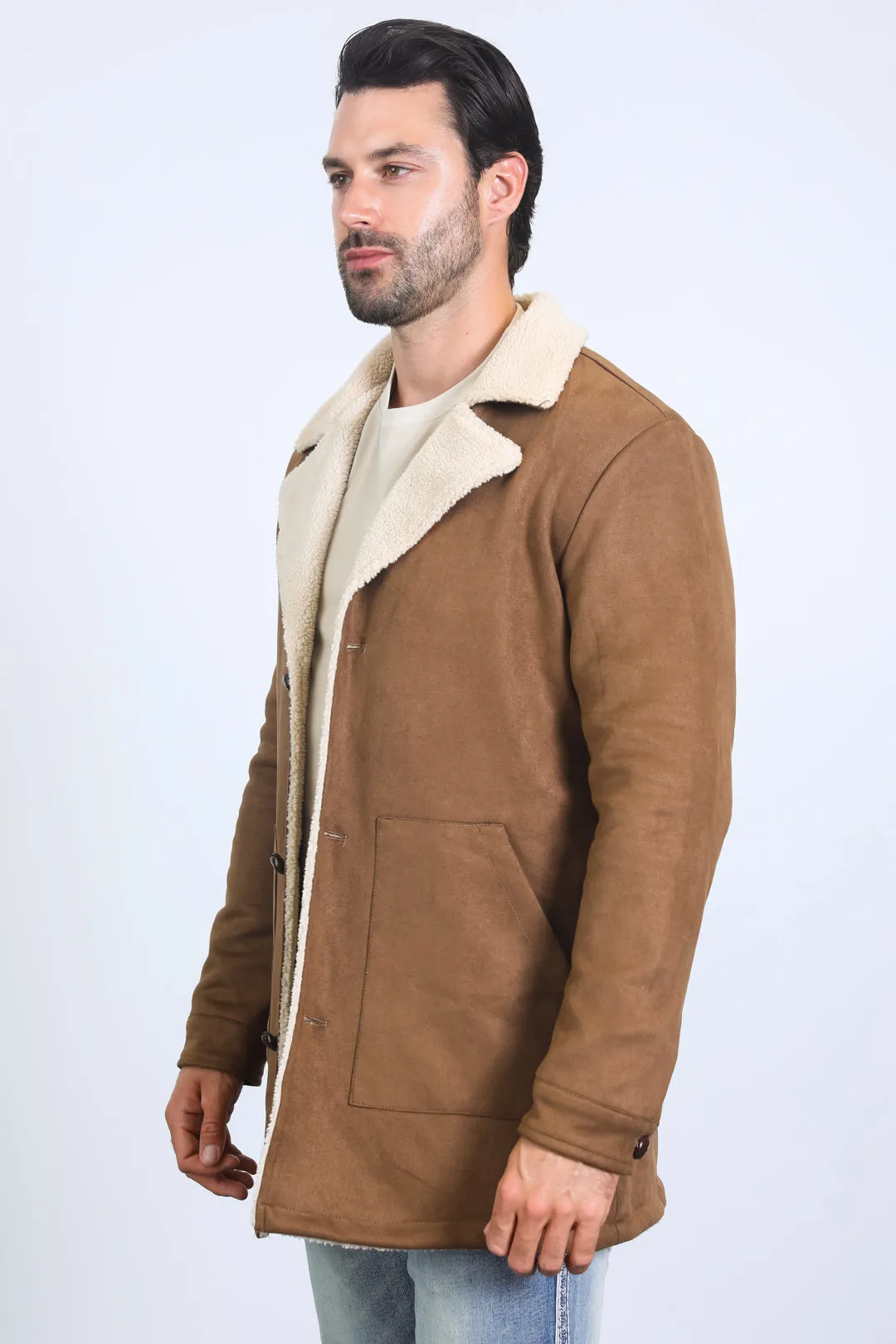 Mens Western-Style Long Faux Suede Brown Coat