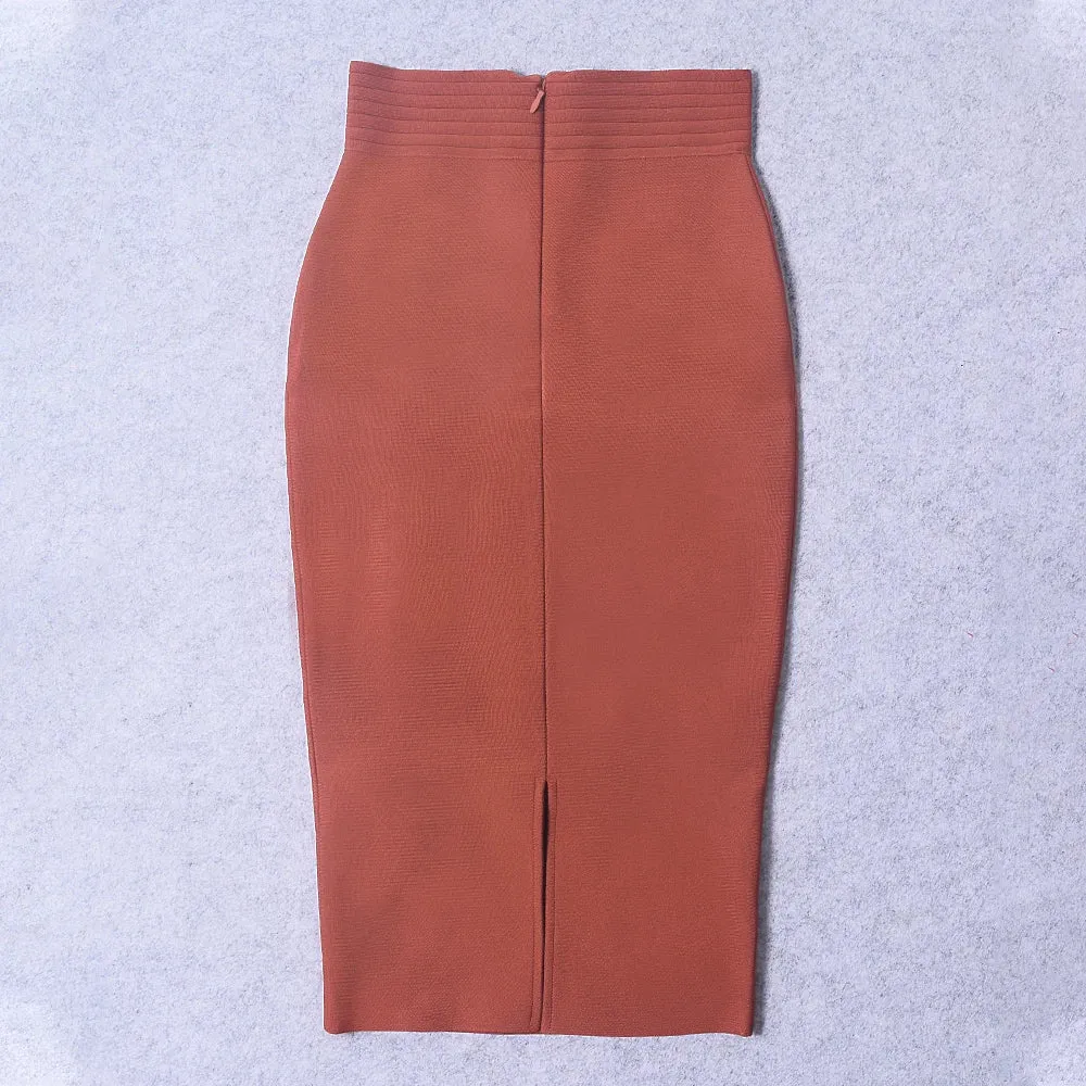 Mid Calf Button bodycon brown Bandage Pencil Skirt