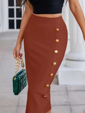 Mid Calf Button bodycon brown Bandage Pencil Skirt