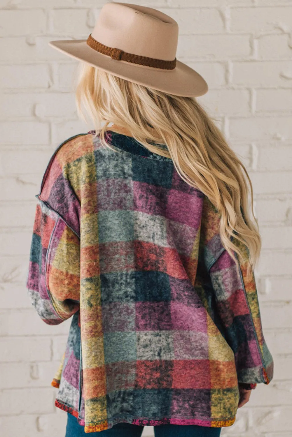 Multicolor Brushed Checked Tunic Buttoned Shacket