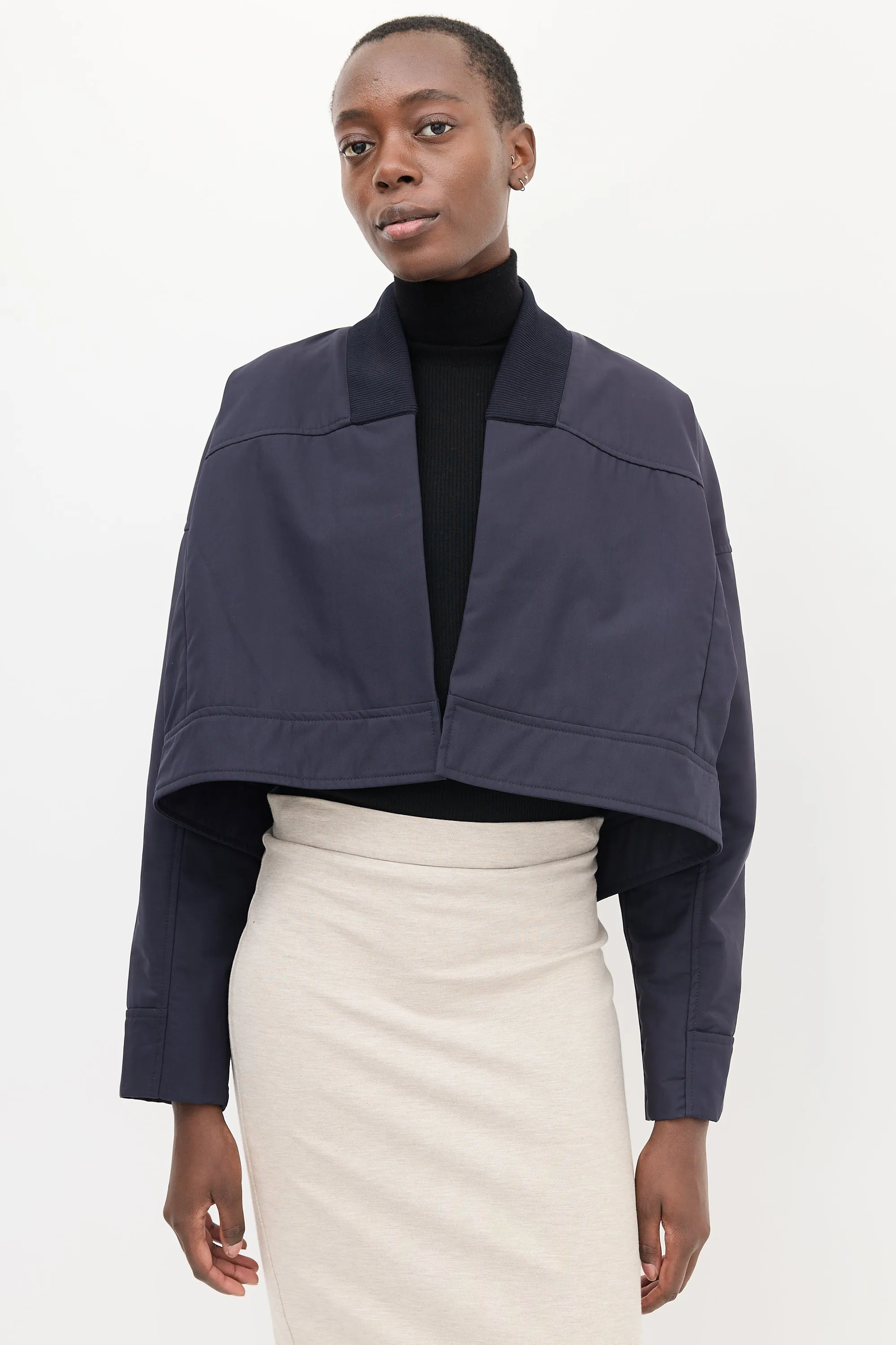 Navy Cropped Open Front Jacket