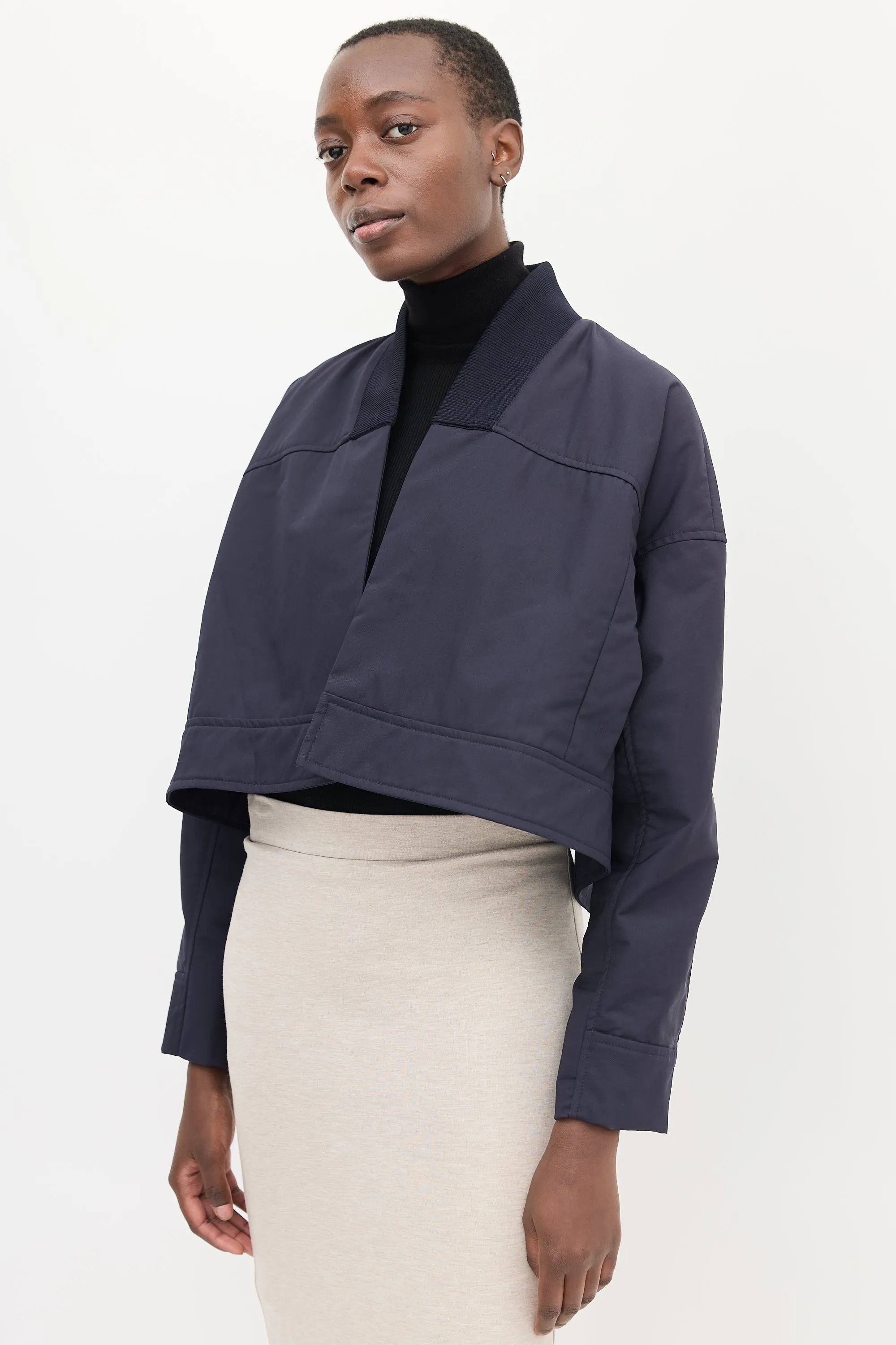 Navy Cropped Open Front Jacket