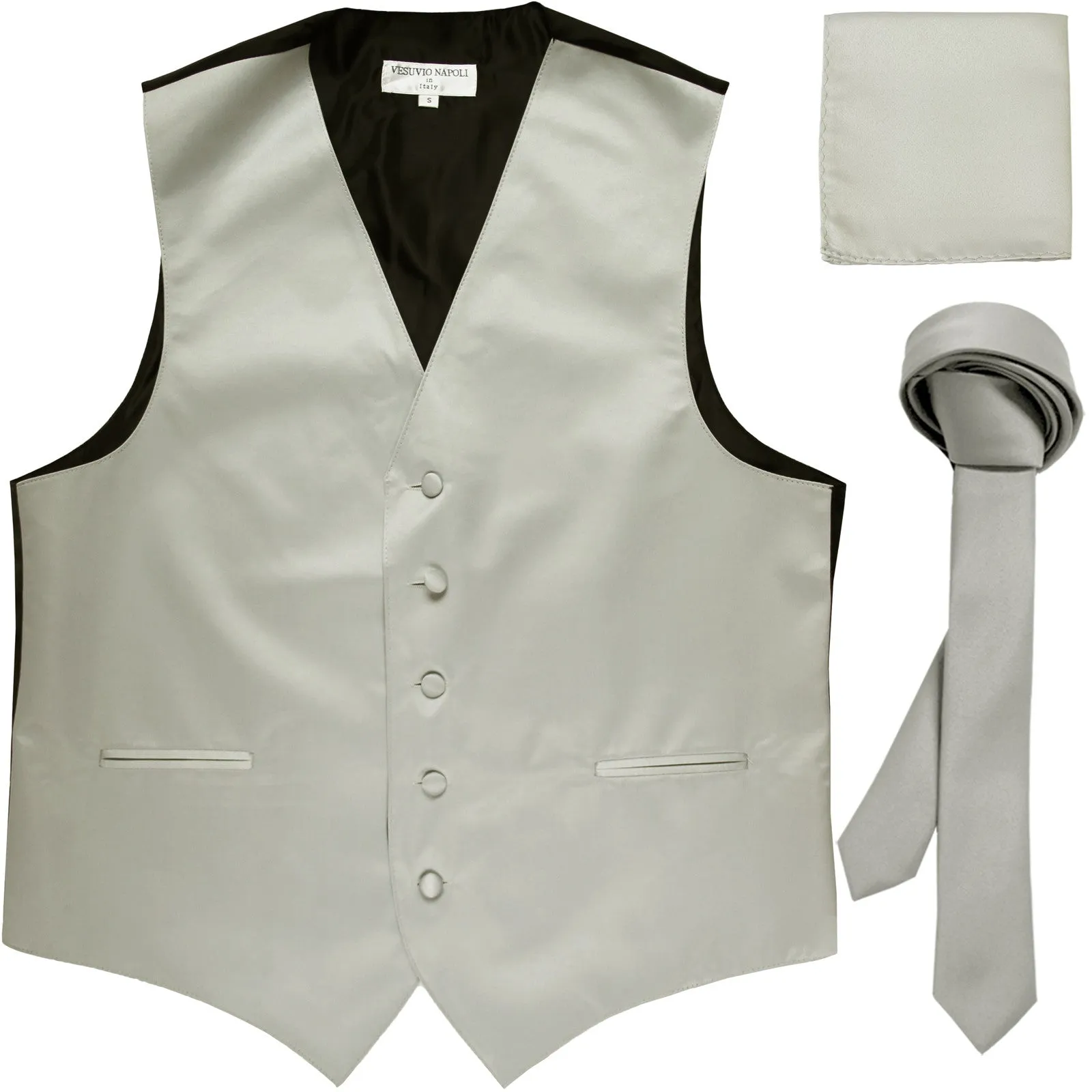 New Men's formal vest Tuxedo Waistcoat_1.5" necktie & hankie set wedding silver