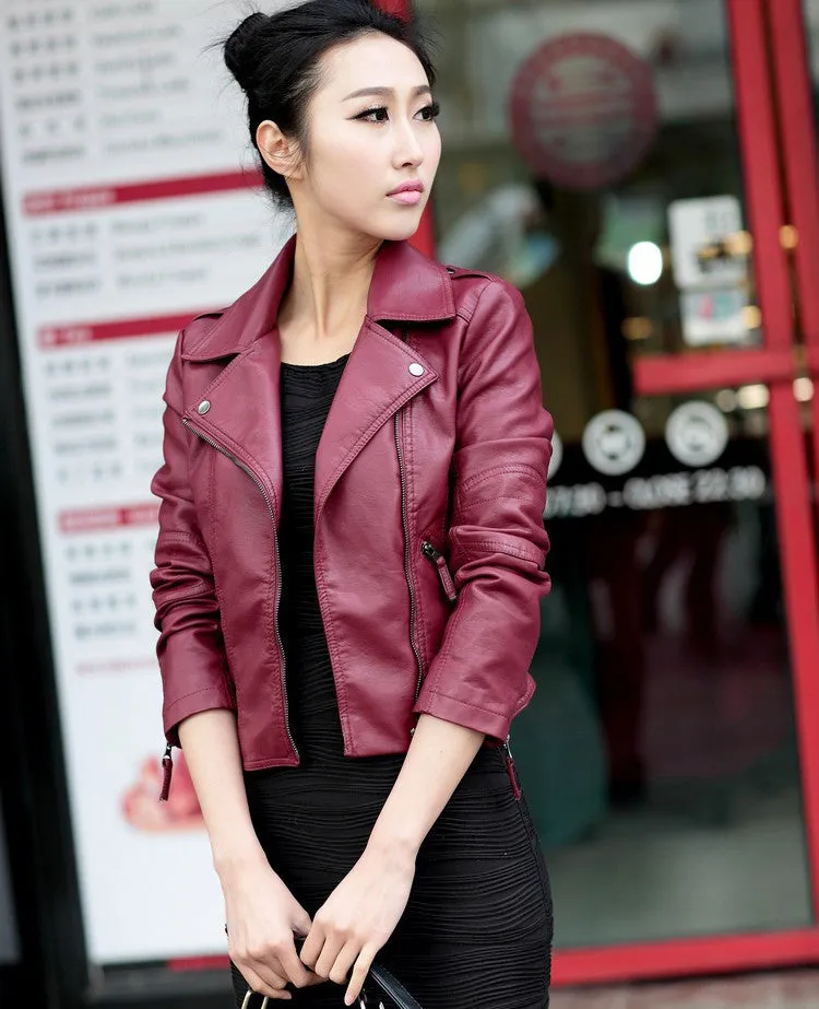 New Spring Women Leather Jacket Red Black PU Plus Size Jackets