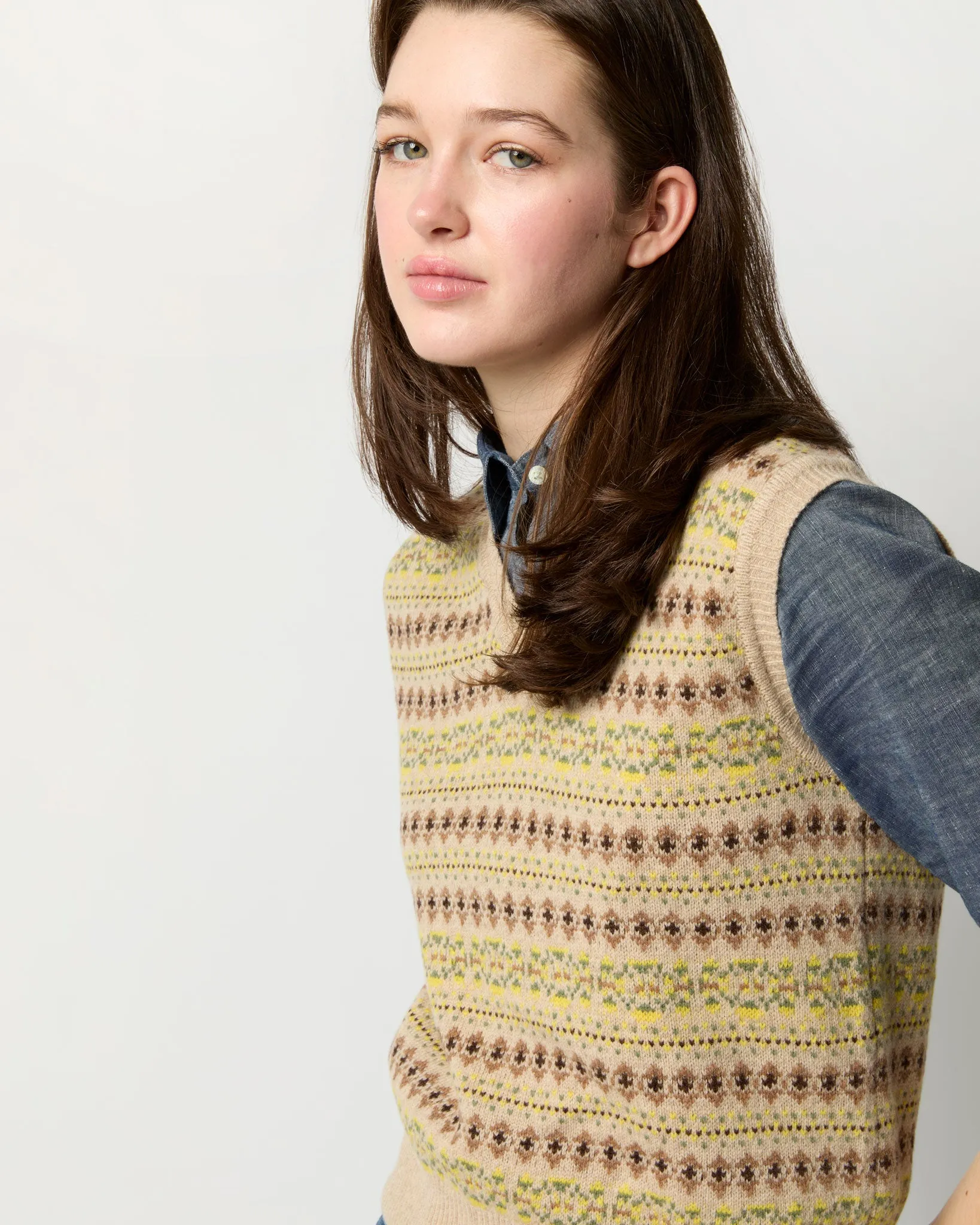 Noemi Vest in Beige/Brown/Yellow Extra Fine Merino Wool