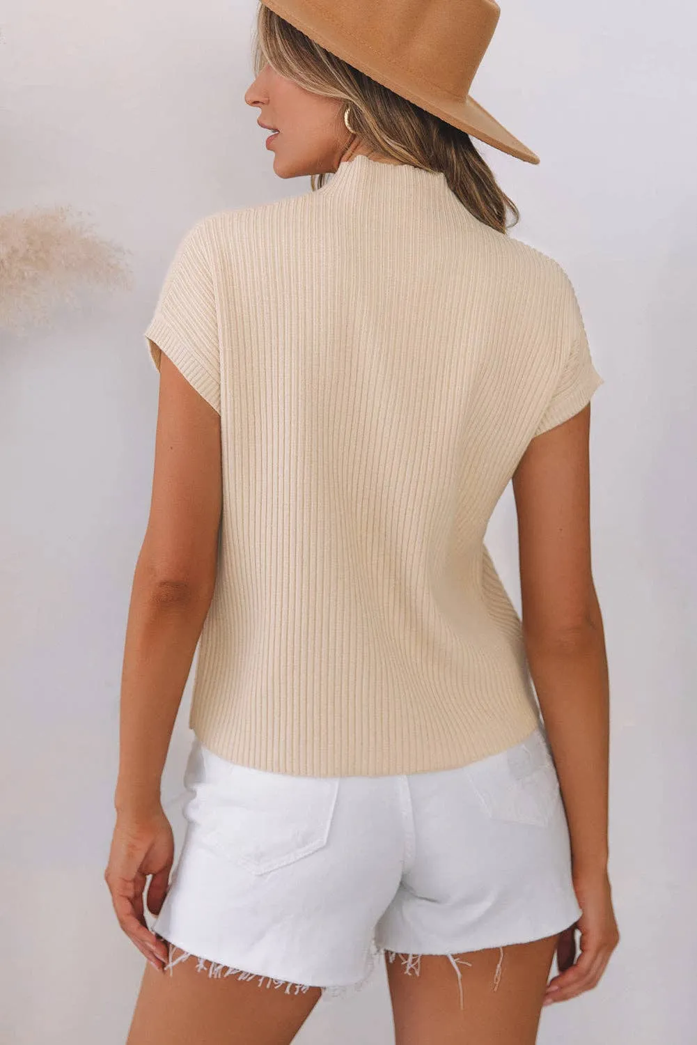 Oatmeal Patch Pocket Ribbed Knit Short Sleeve Sweater