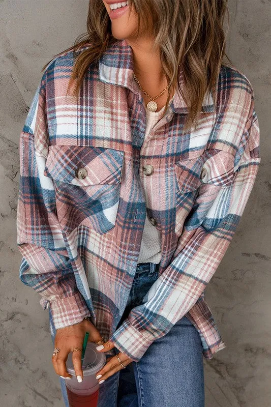 Pink Plaid Flap Pockets Shacket