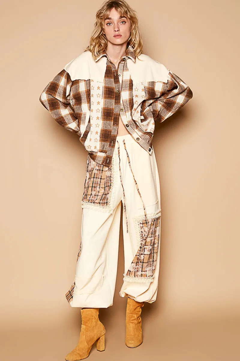 Plaid & Star Patchwork Contrast Long Sleeve Shacket