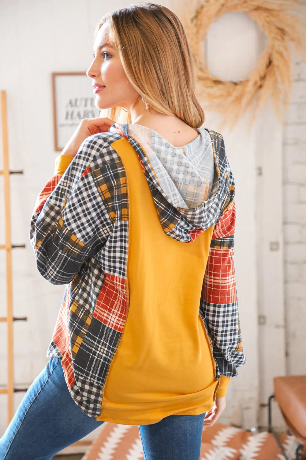 Plaid Patchwork Button Down Losse Fit Hoodie