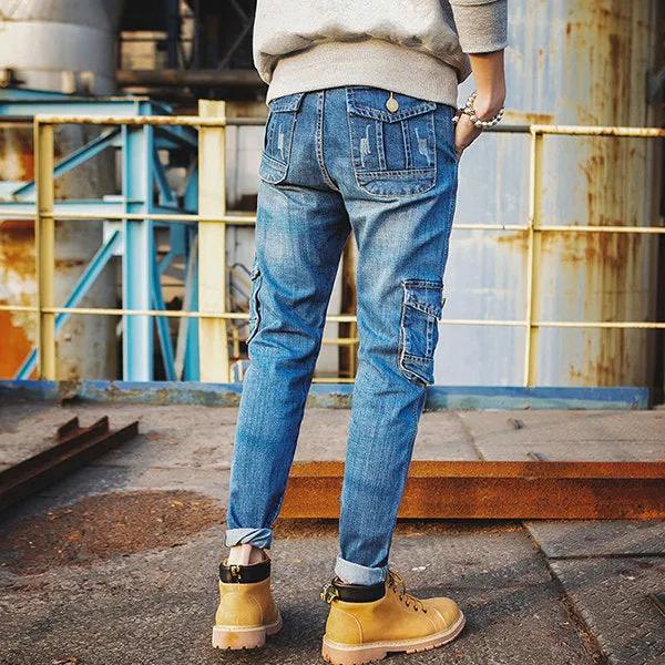 Pockets Cuffed Jeans  Fall Blue Cargo Work Multi