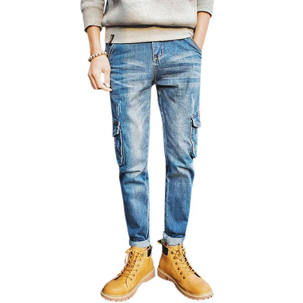 Pockets Cuffed Jeans  Fall Blue Cargo Work Multi