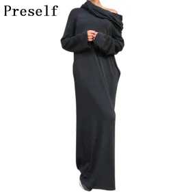 Preself Off Shoulder Maxi Dresses Hooded Wrap Dress  Shirt Long Sleeve Casual Fashion Women 2017 Army Green Black Autumn Winter