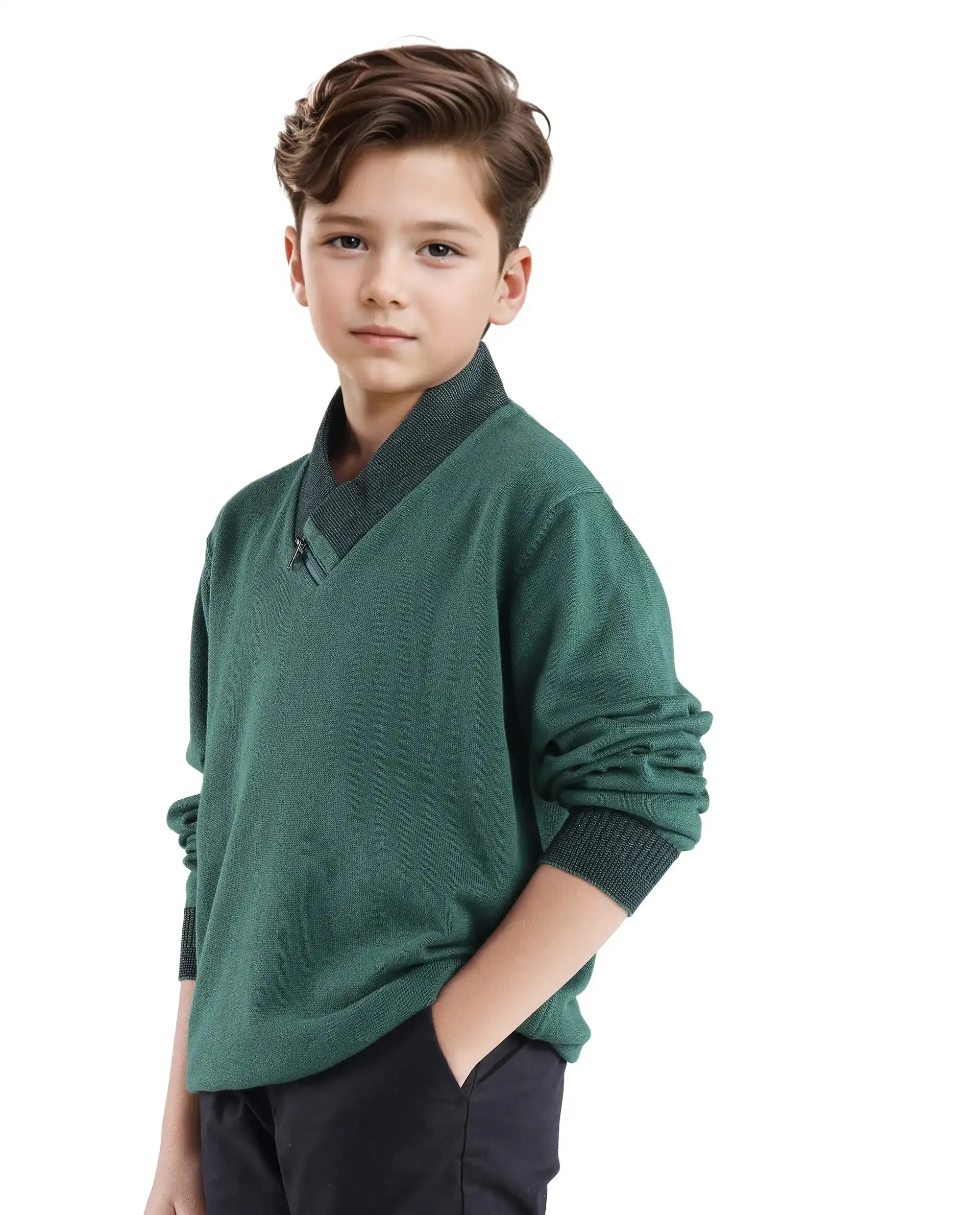 Rare Ones Kids Denv Dark Green Full Sleeve Casual Zipper Regular Sweater