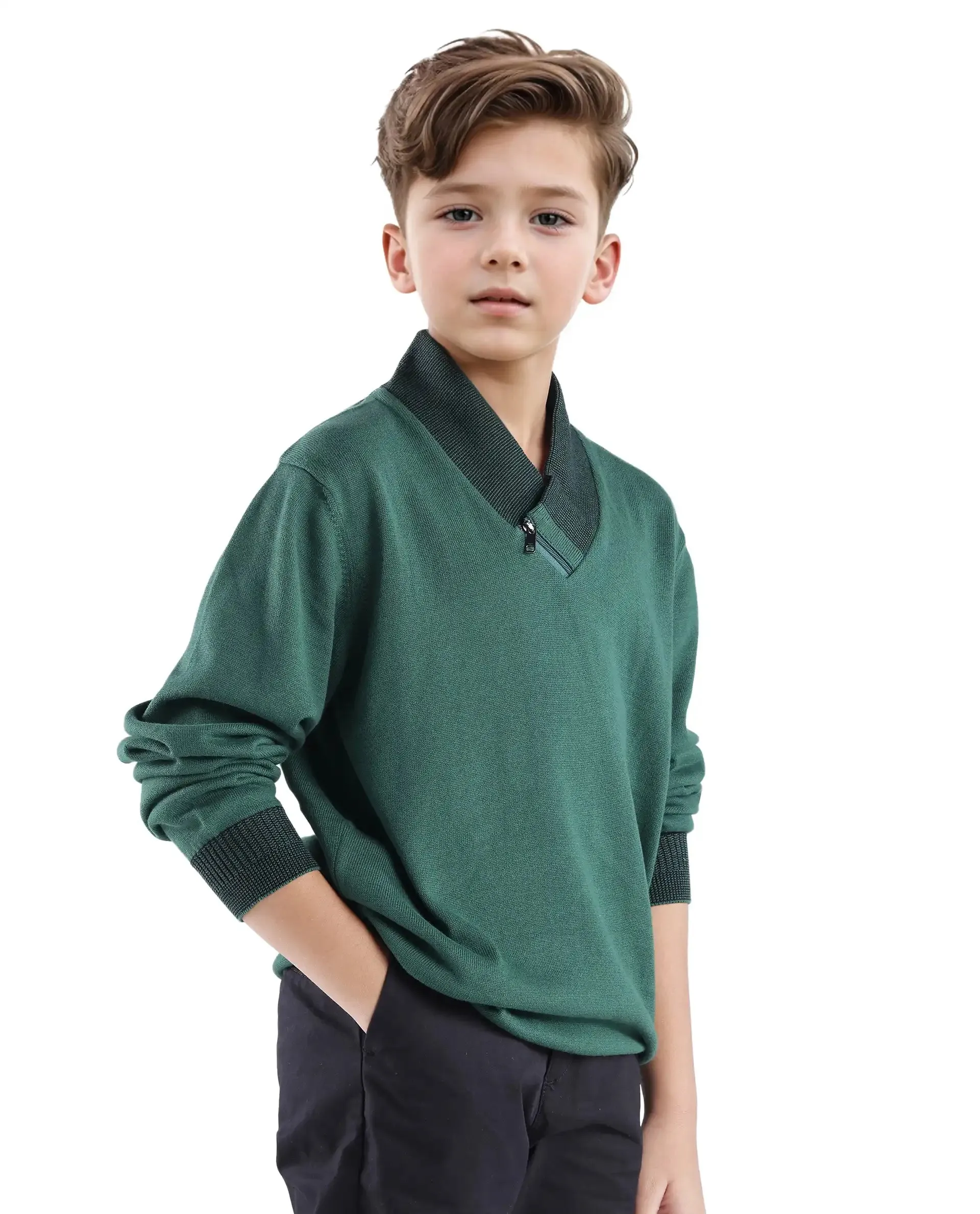 Rare Ones Kids Denv Dark Green Full Sleeve Casual Zipper Regular Sweater