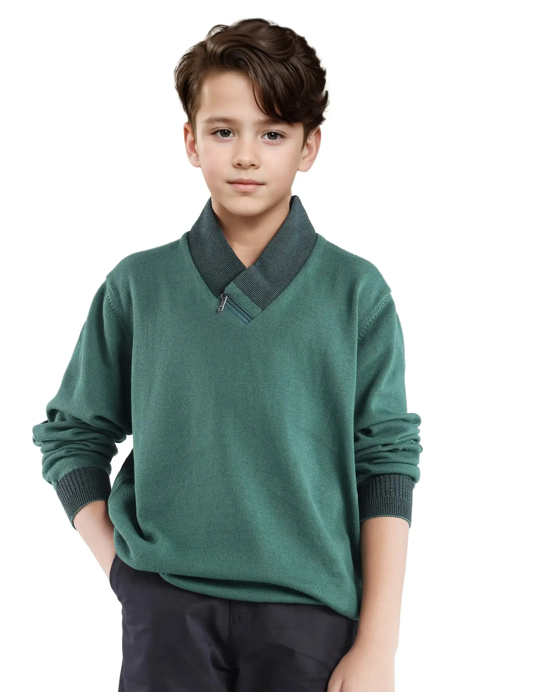 Rare Ones Kids Denv Dark Green Full Sleeve Casual Zipper Regular Sweater