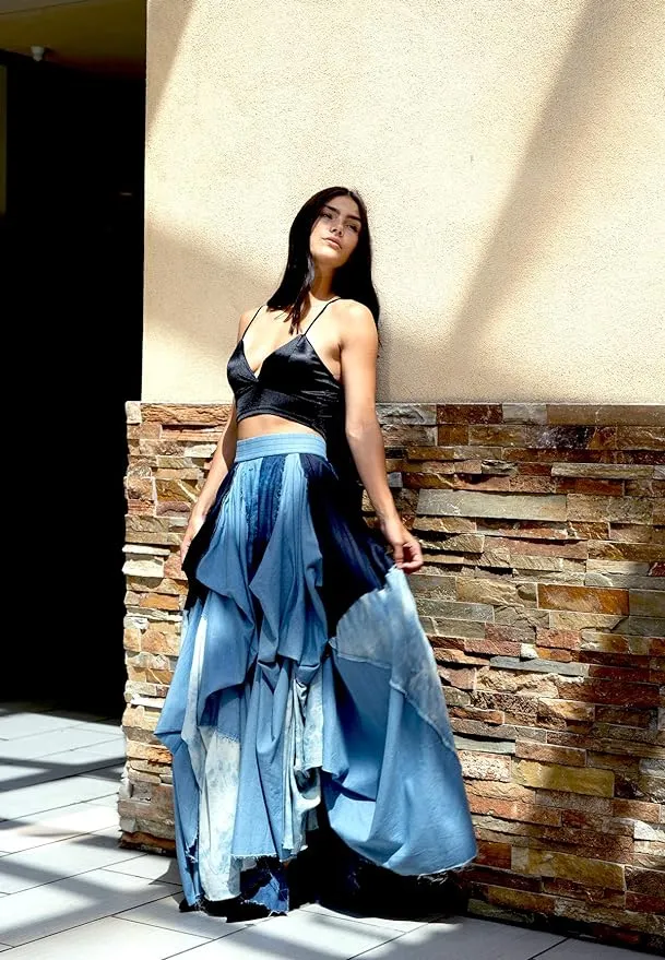 Romantic Boho Blue Denim Asymmetrical Tov The Damsel`s Maxi Skirt