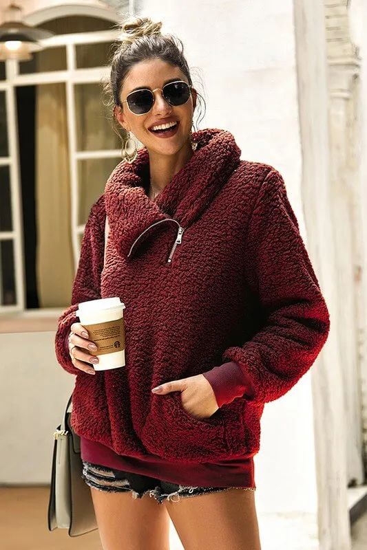 Sarah Asymmetrical Half-Zip Sherpa Pullover