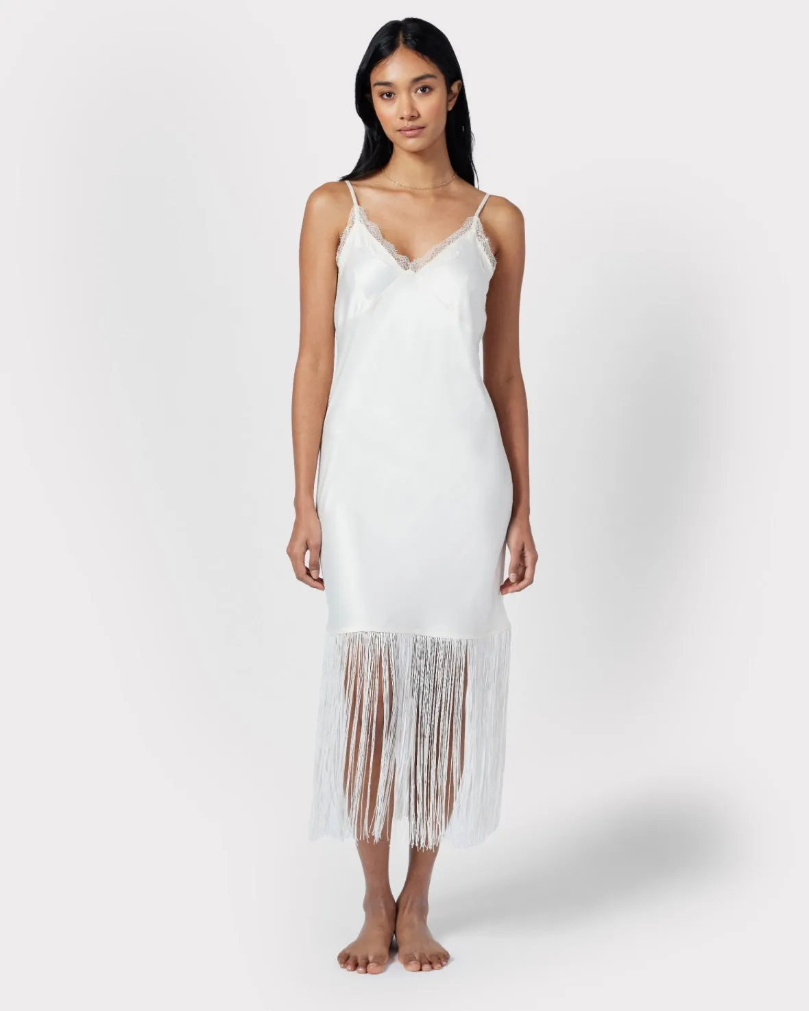 Satin Fringe Trim Slip Nightdress - Ivory