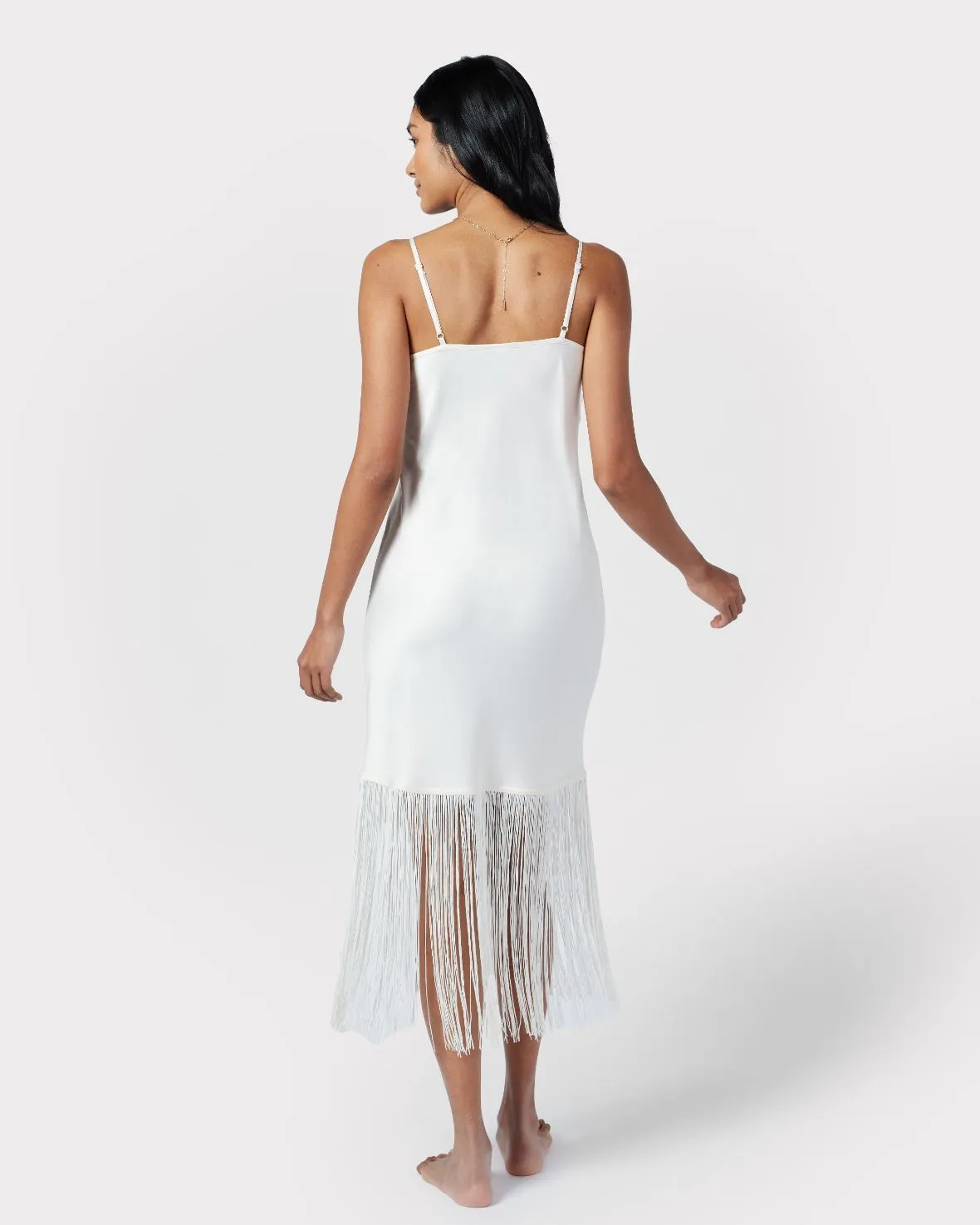 Satin Fringe Trim Slip Nightdress - Ivory