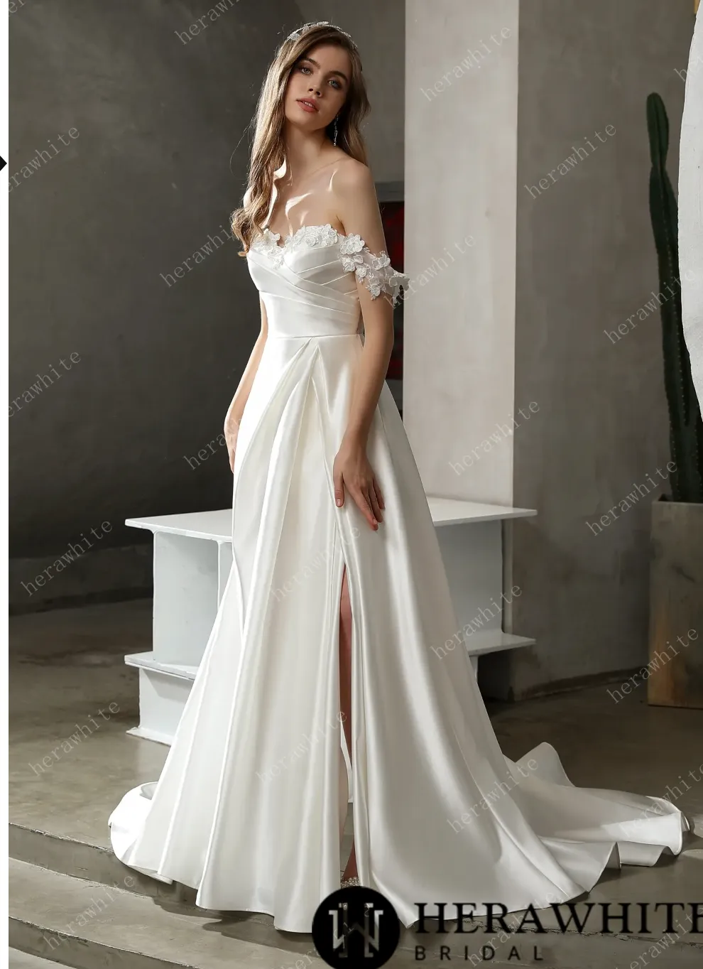 Satin Off-The-Shoulder A-line Bridal Gown with Slit Skirt