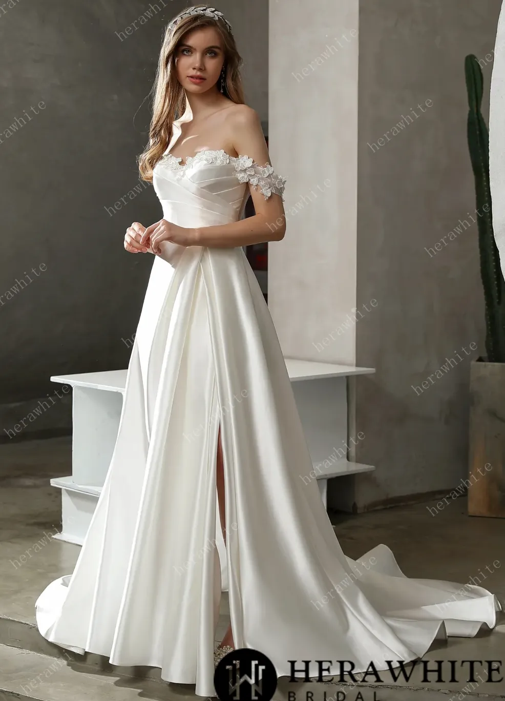 Satin Off-The-Shoulder A-line Bridal Gown with Slit Skirt