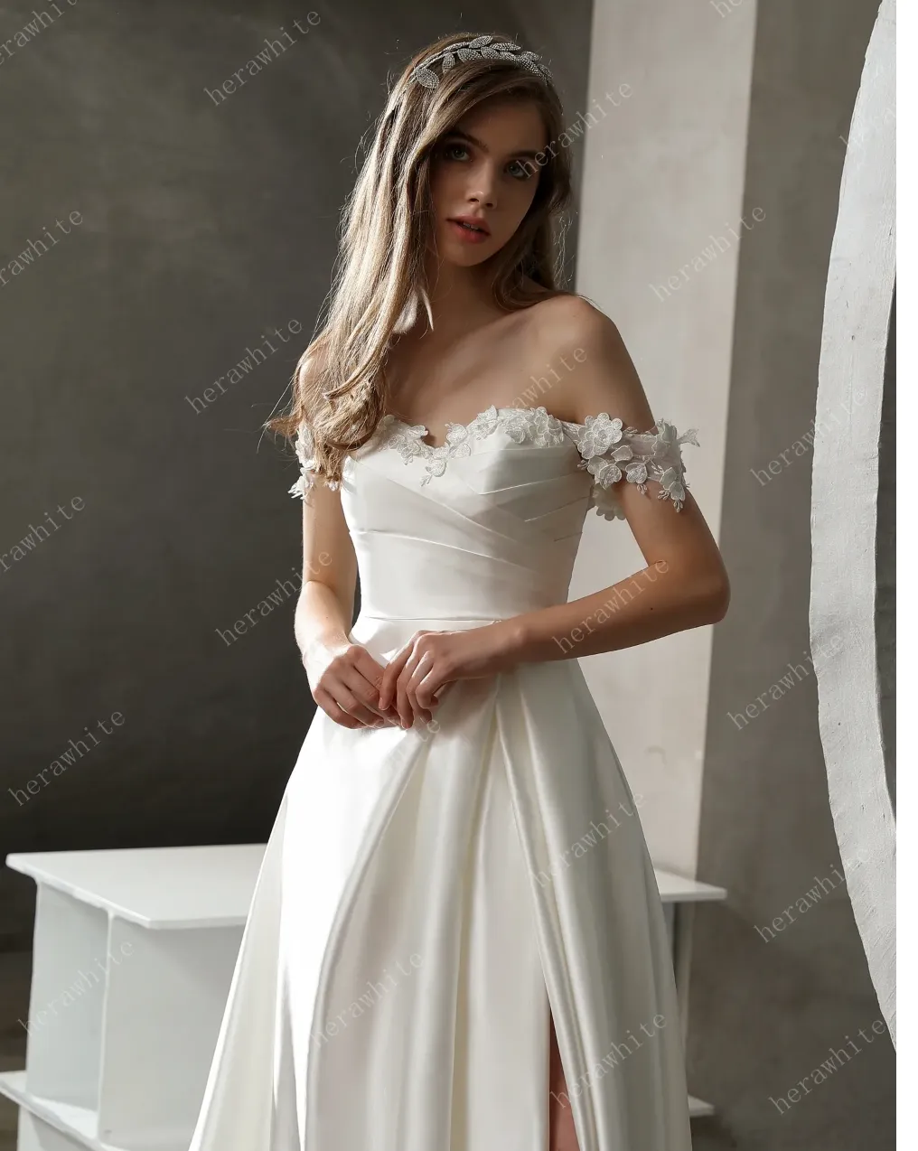 Satin Off-The-Shoulder A-line Bridal Gown with Slit Skirt