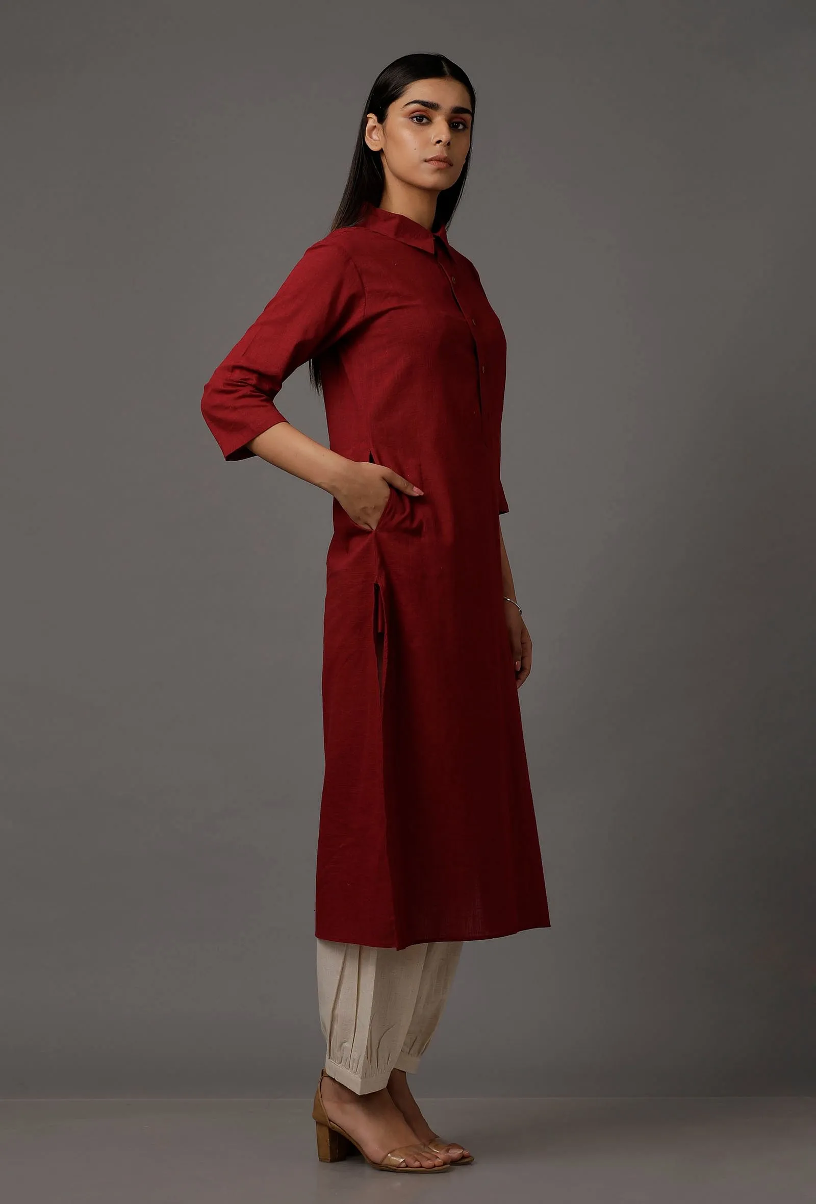 Set of 2: Maroon Pure Woven Cotton Kurta and Pants