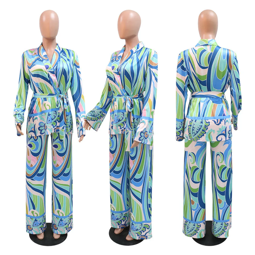 Sexy Blue Multicolor Abstract Print 3 Piece Pants Set