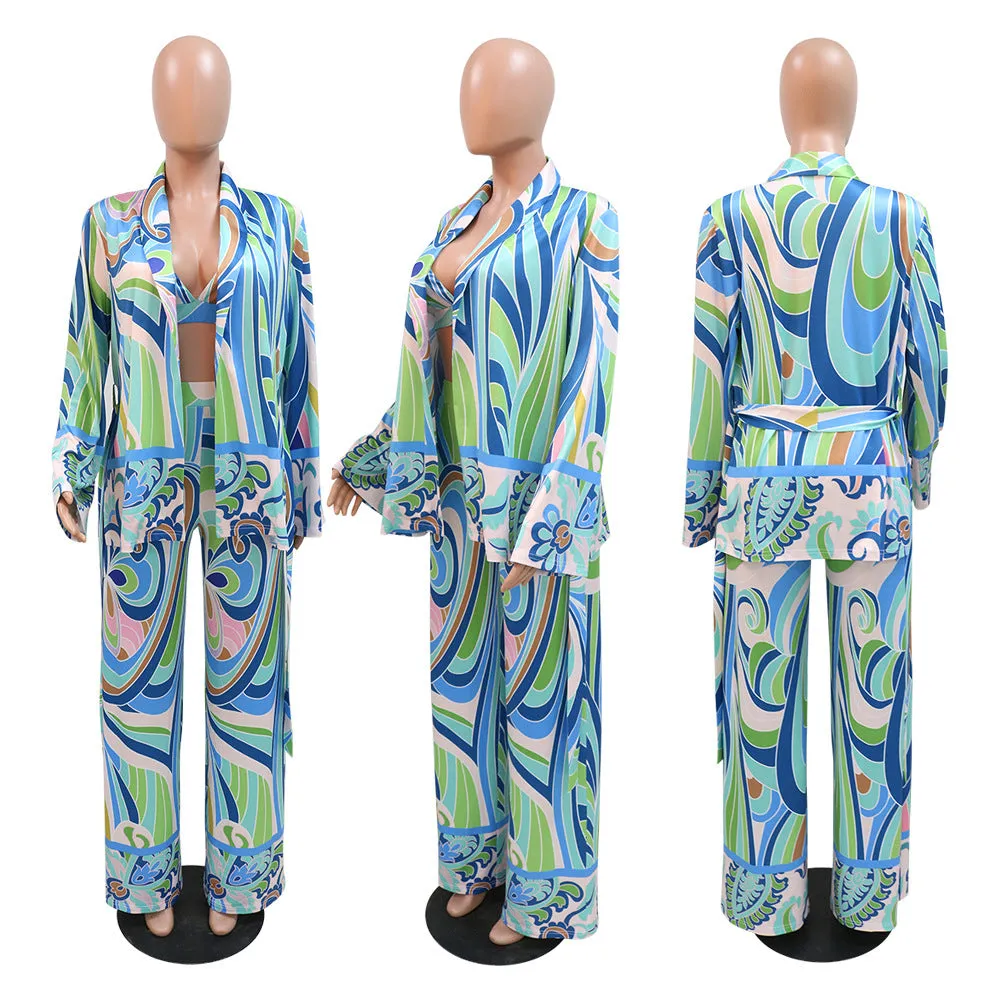 Sexy Blue Multicolor Abstract Print 3 Piece Pants Set