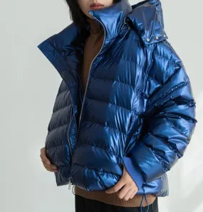 Short Hoodie Shiny Side Pockets 90% Duck Down Jacket Winter Down Coat