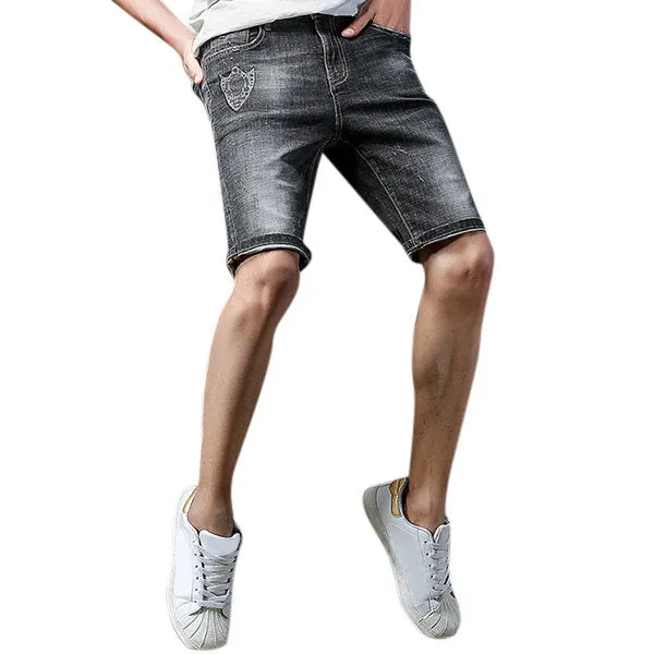 Shorts Stone Washed Printed Knee Length Hole Jeans Gray Casual Cotton