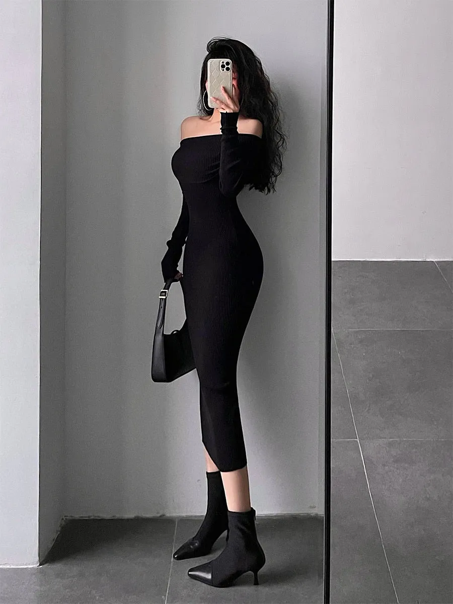 Slash Neck Tight Long Skinny Hip Sophisticated Long Sleeve Maxi Long Sweater Dress