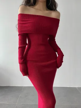 Slash Neck Tight Long Skinny Hip Sophisticated Long Sleeve Maxi Long Sweater Dress