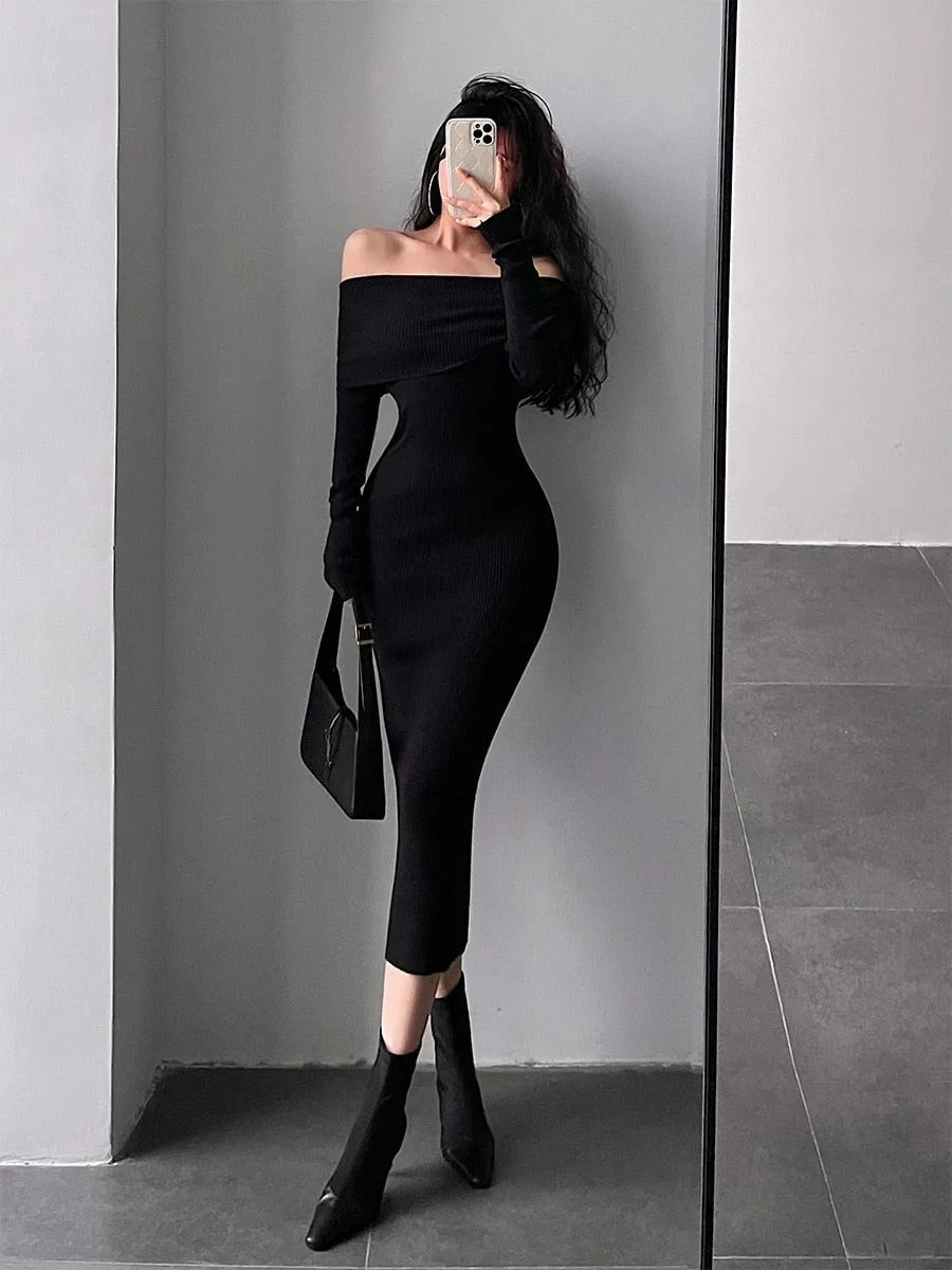 Slash Neck Tight Long Skinny Hip Sophisticated Long Sleeve Maxi Long Sweater Dress