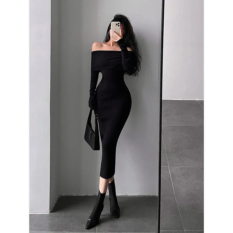 Slash Neck Tight Long Skinny Hip Sophisticated Long Sleeve Maxi Long Sweater Dress