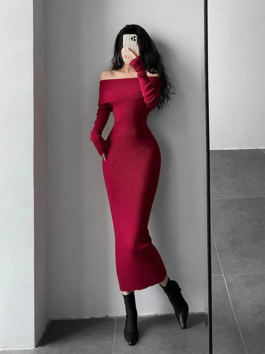 Slash Neck Tight Long Skinny Hip Sophisticated Long Sleeve Maxi Long Sweater Dress