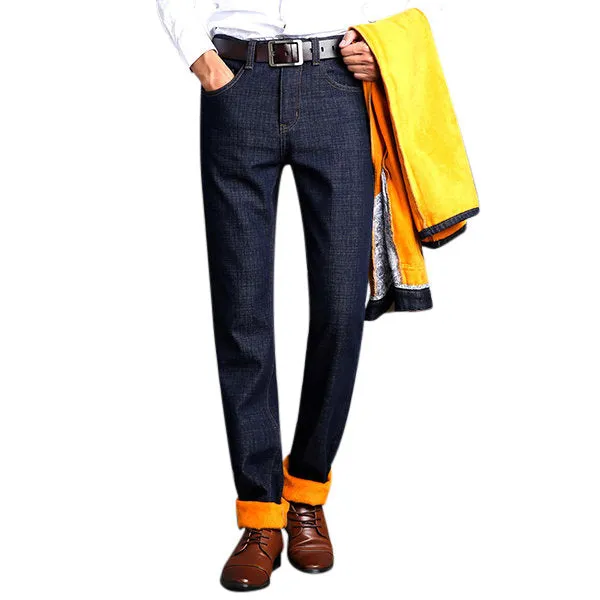 Slim Denim Straight Leg Mid-Waist Jean for Men Casual Business Thicken Cotton