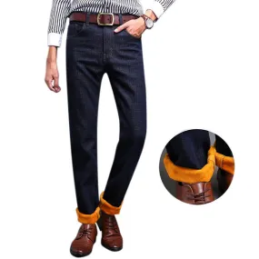 Slim Denim Straight Leg Mid-Waist Jean for Men Casual Business Thicken Cotton