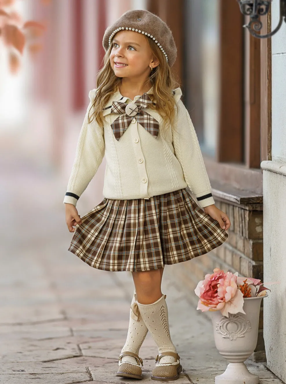 Smart Girls Rule White Knit Sweater And Checkered Skirt Set