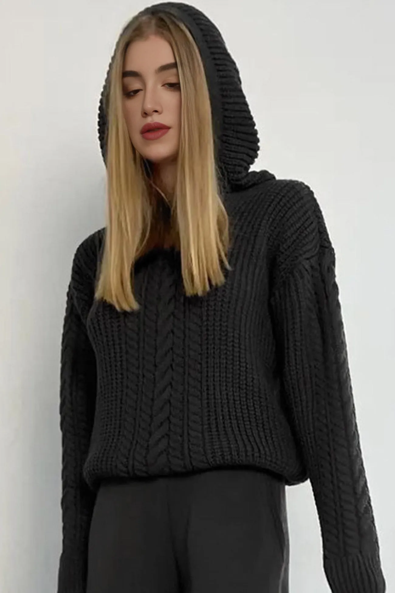 Solid Cable Knit Hoodie Sweater