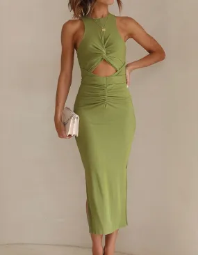 Solid-color Round Neck Sleeveless Cut Out Ruched Long Bodycon Dresses