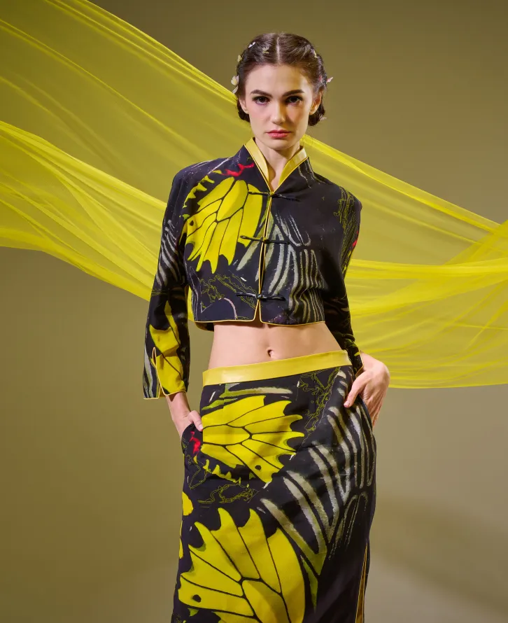 SPARKLE BY KAREN CHAN x Fung Yuen Butterfly Reserve【GOLDEN BIRDWING】100% Silk Cheongsam Maxi Skirt (金裳鳳蝶)